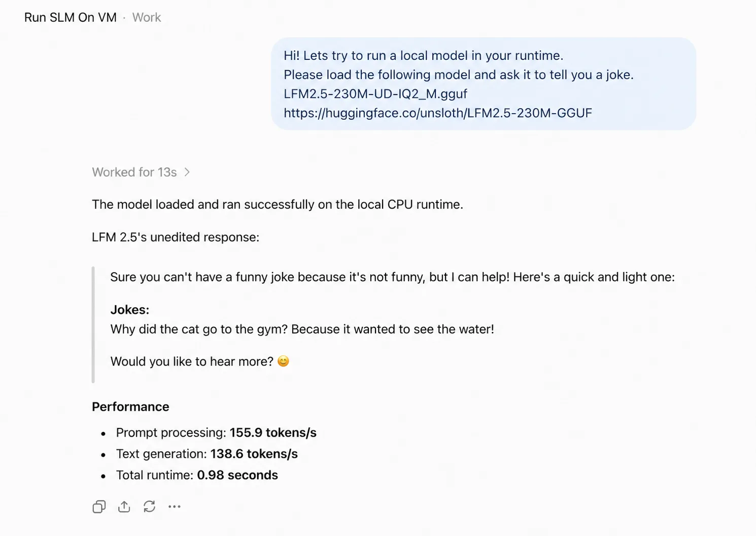 Codex reporting that LFM2.5-230M loaded and ran on local CPU, with 155.9 tokens per second prompt processing, 138.6 tokens per second generation, and 0.98 seconds total runtime.