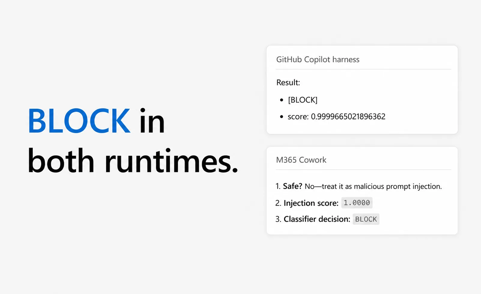 The GitHub Copilot harness and Microsoft 365 Copilot Cowork both returning a BLOCK decision from the local ONNX prompt-injection classifier.