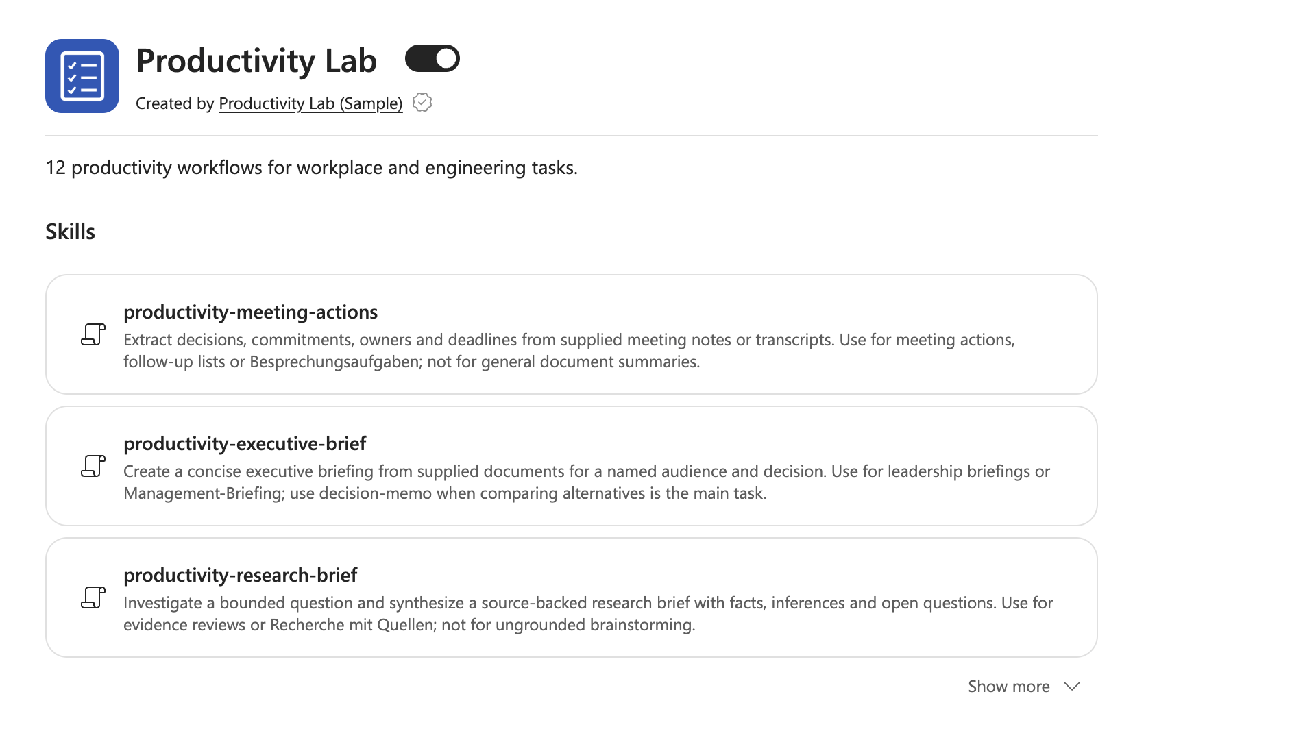 Productivity Lab plugin details in Copilot Cowork showing three visible skills.