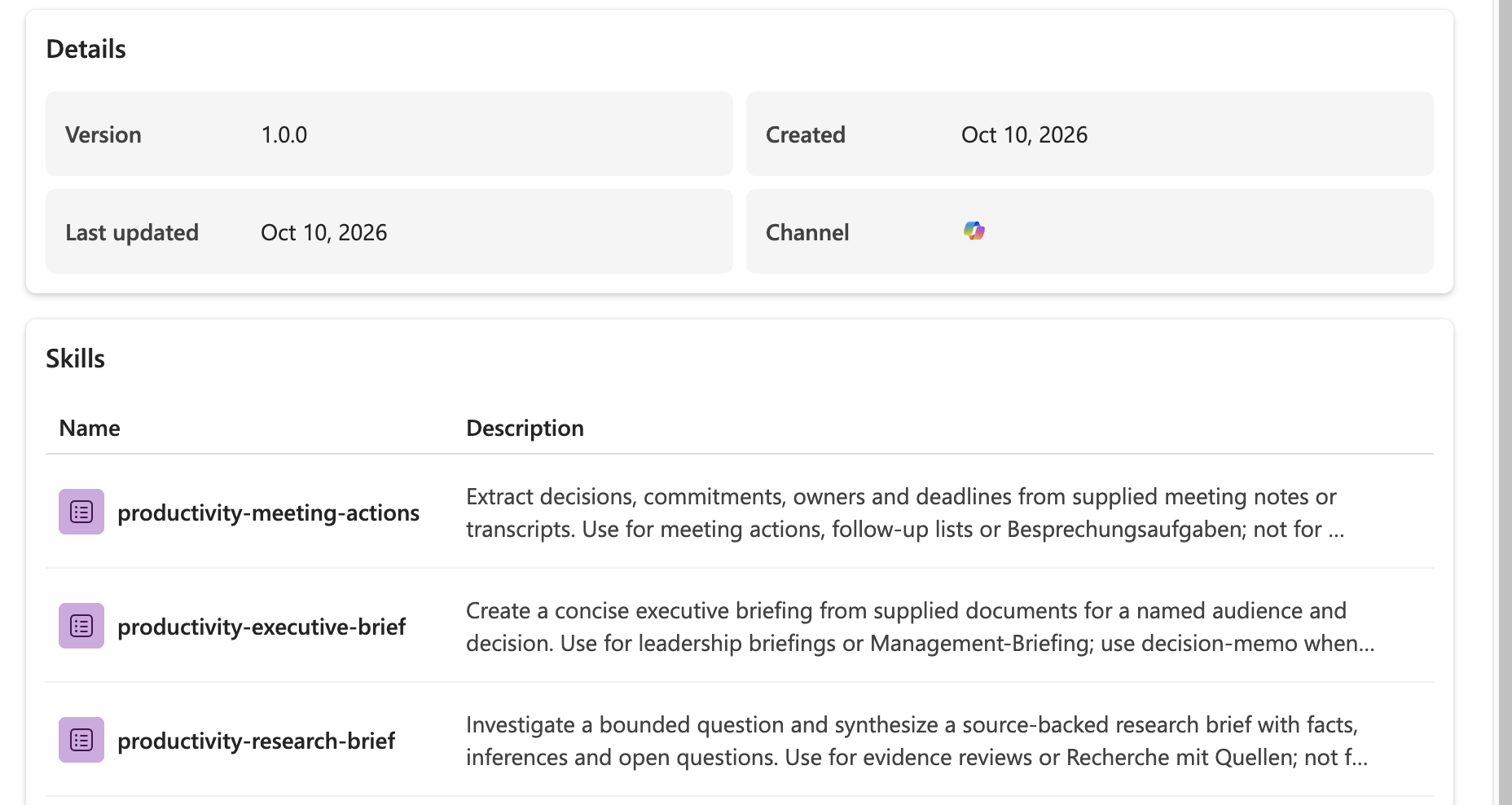Productivity Lab admin overview showing version 1.0.0 and three visible skill entries.