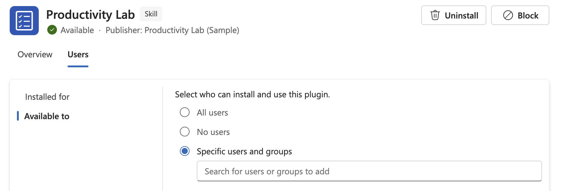 Productivity Lab user availability settings with Specific users and groups selected.